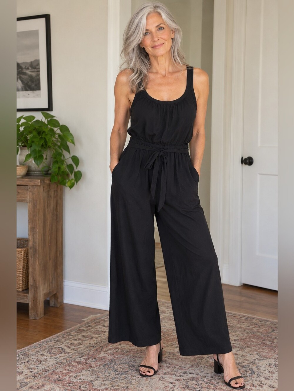 LOFT Black Wide Leg Jumpsuit Large NWT Tie Waist Pockets Stretch